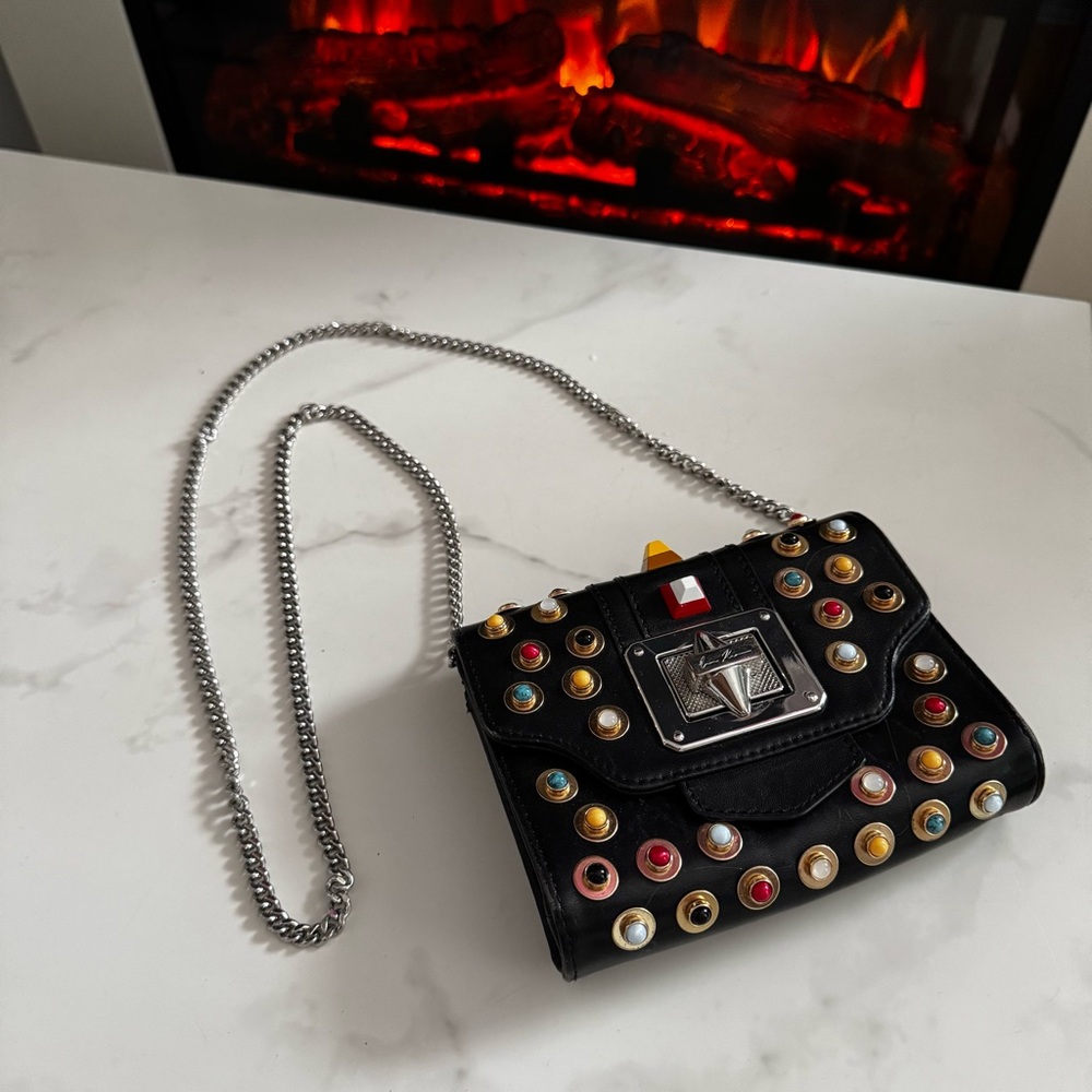 Emm Kuo Black Studded Chain Crossbody Bag with Multicolor Accents